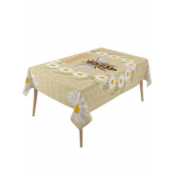 Bees Rectangle Tablecloth, Daisy Flowers Spring Summer Honey Floral Leaf Plant Waterproof & StainResistant Tablecloth, Washable Oil-proof Table Cover for Dining/Party/Wedding/Camping/Buffet 60x120 In