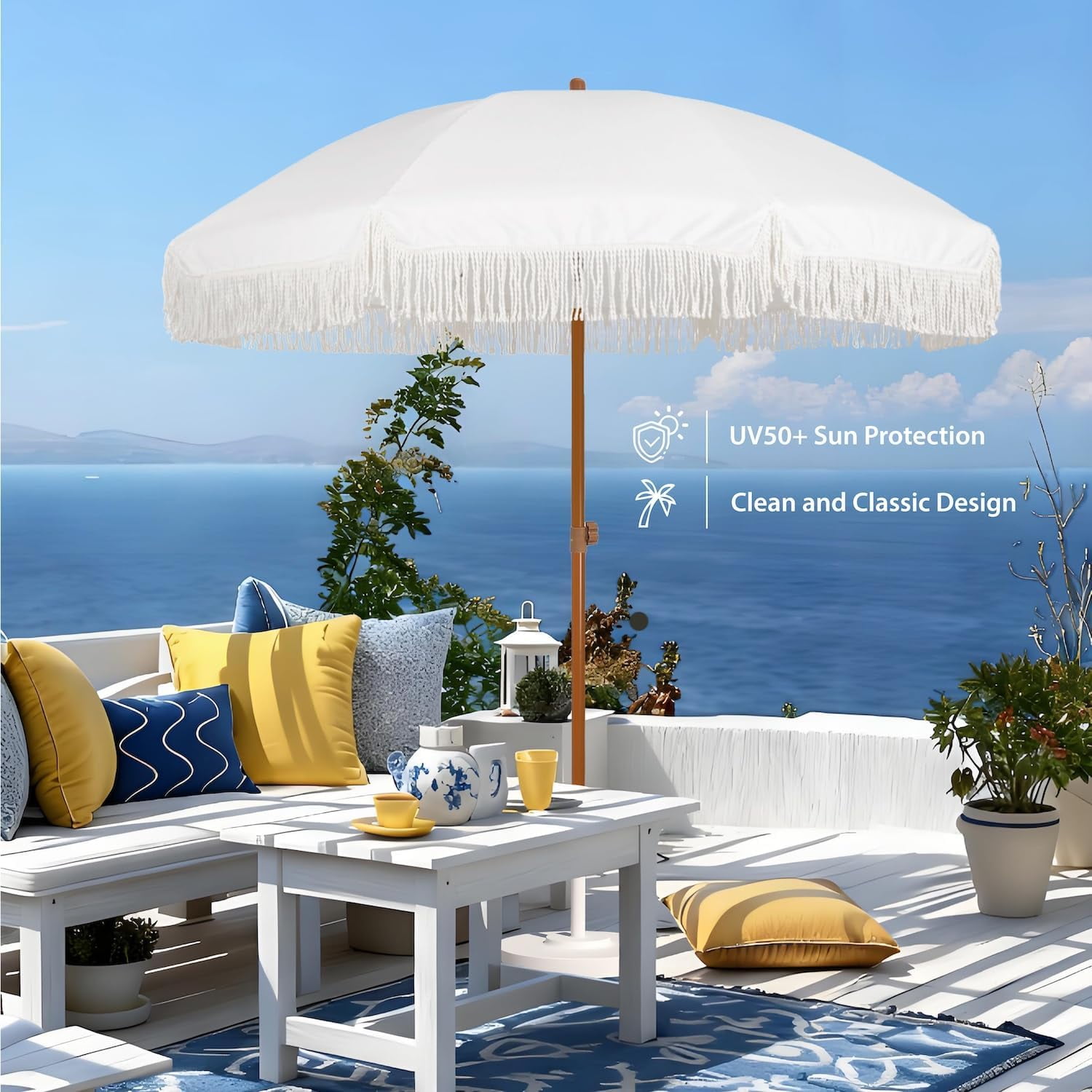 AMMSUN 7ft Fringe Patio Umbrella, Outdoor Table Tassels Umbrella with Push Button Tilt UPF50+ Shade Shelter,Cream White Camping Sun