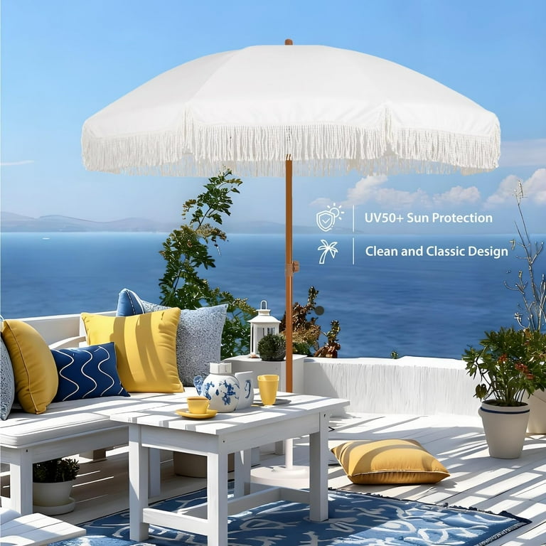 beige patio umbrella with white fringe LAGarden Jazz Age Tilt Market Umbrella inspired fringe canopy that brings a unique JONATHAN Y Tracy Classic MidCentury