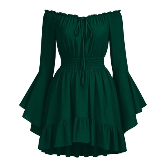 KICILVS Halloween Outfits for Women Off Shoulder Tie Front Pleated Ruffle Mini Dress Parties Vintage Cosplay Mini Dress with Smocked Waist