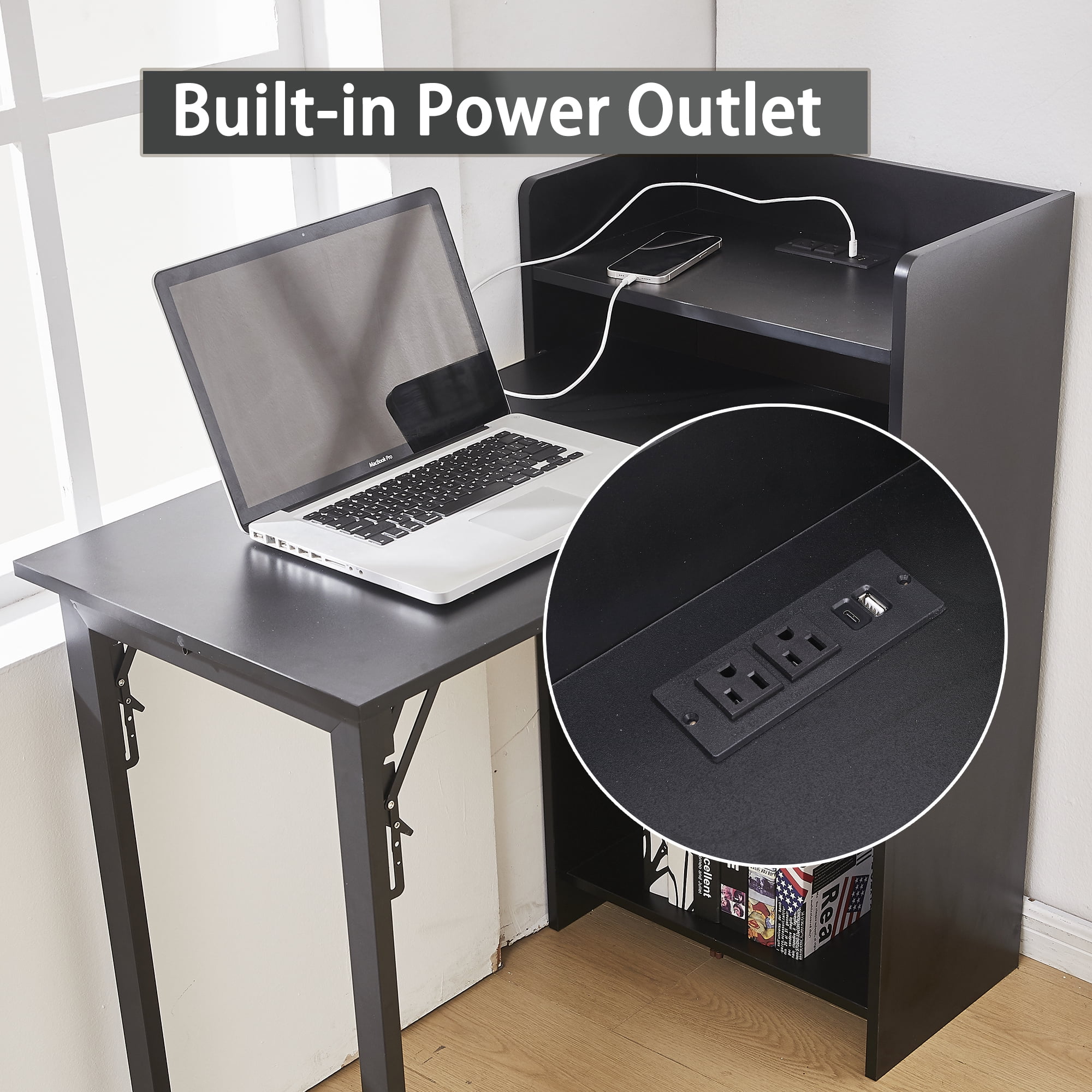 Haooyeah 37" Foldable Storage Desk with Charging Station, Space-Saving Desk with Raised Surface, Multi-functional Desk for Home Office, Bedroom, and Small Spaces