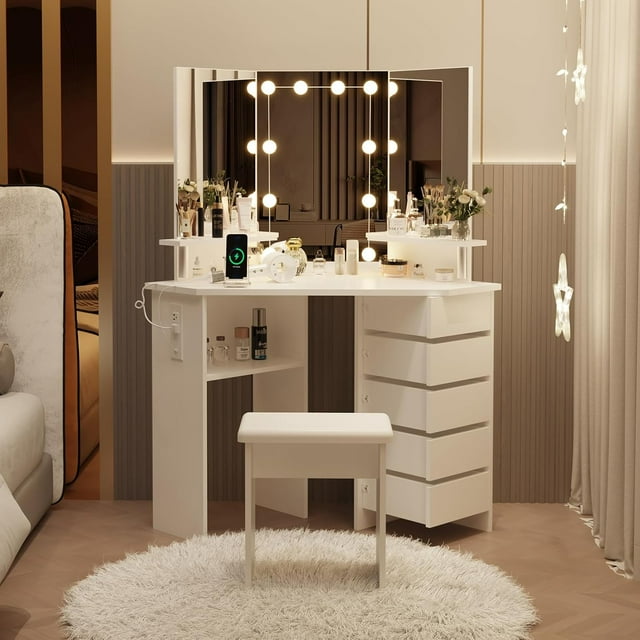 Corner Vanity Desk with Lights & Power Outlet, Makeup Table with 5 Rotating Drawers, 3-Color Lighting & Stool