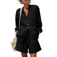 thumbnail image 4 of LEKWK Linen Sets for Women 2 Piece Long Sleeve V Neck Button Down Tops and High Waisted Shorts with Pockets Summer Solid Casual Travel Vacation Sets, 4 of 7