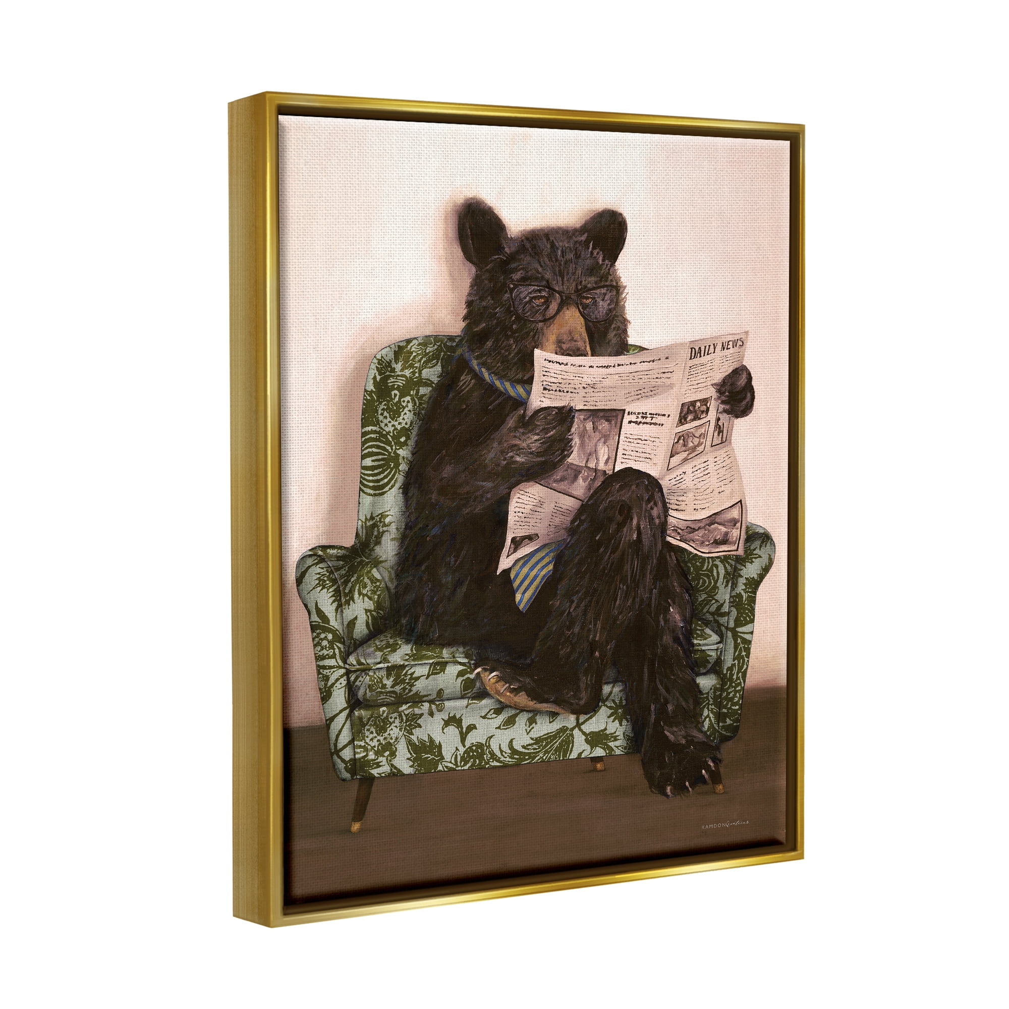 Stupell Industries Bear Reading Newspaper Animals & Insects Painting Gold Floater Framed Art Print Wall Art, 25 x 31