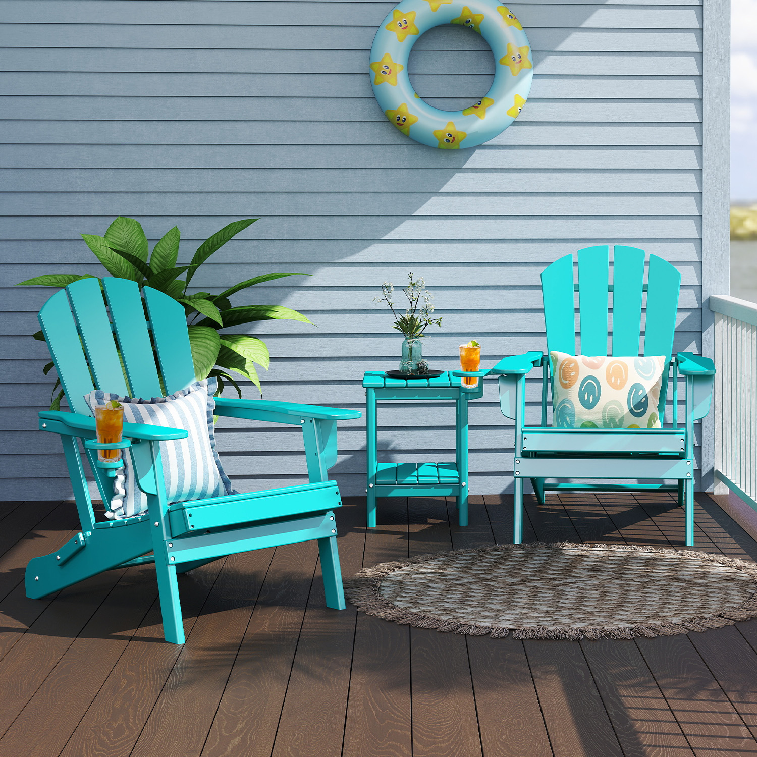 FURRYFECTION Folding Adirondack Chair Set of 2 with Cup Holder,All-Weather HDPE Outdoor Fir Pit Chairs for Patio Garden Backyard,Aqua