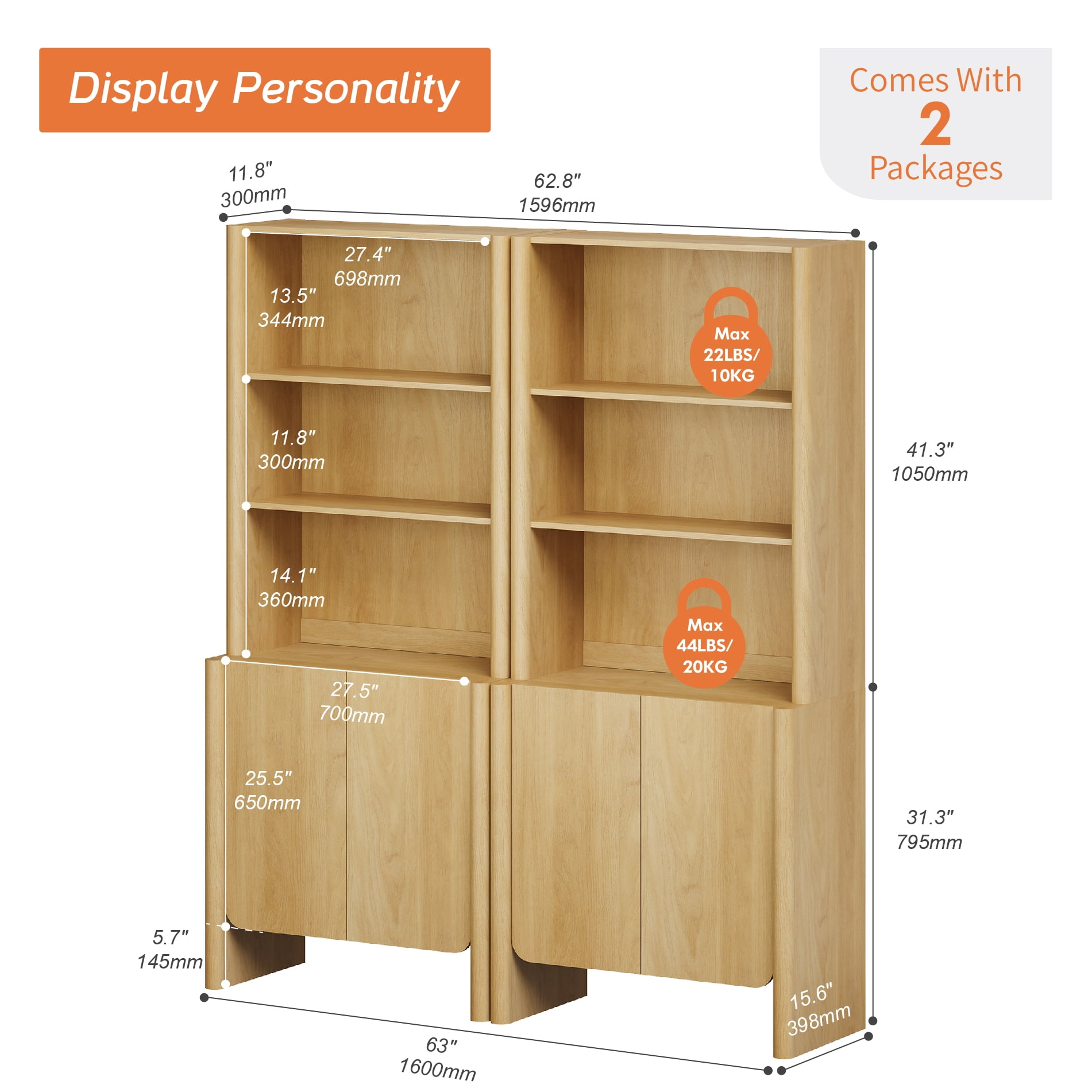 63-Inch Modern French Bookcase with Curved Edges, Doors and Open Shelves, 72.8" Tall, Oak