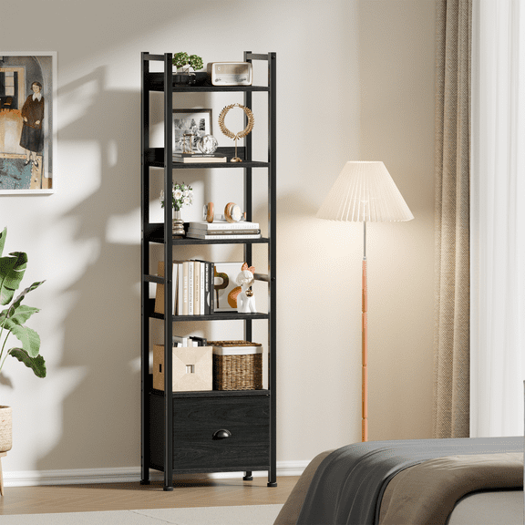 Satifur 6 Tier Industrial Bookcase with Single Removable Drawer, Adjustable Foot Pads, Black Oak Standing Storage Shelf for Living Room & Entryway