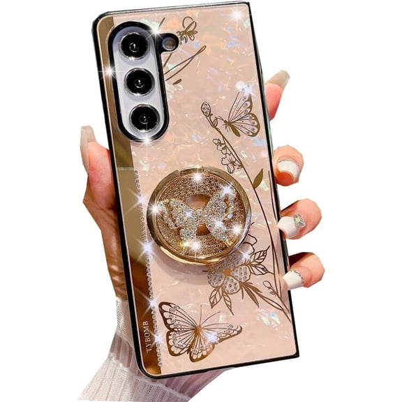for Samsung Galaxy Z Fold 6 Glitter Kickstand Case,Cute Bling Sparkle Rhinestone Butterfly with Ring Stand Marble Elegant Shockproof Phone Case for Women Girls for Galaxy Z Fold 6 5G (Gold)