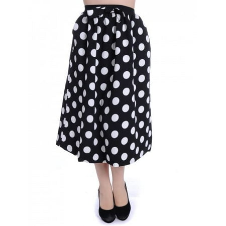 Womens Polka Dot Skirt Womens Vintage Skirt White & Black All Over Polka Dot Retro Style Midi Length Skirt ()