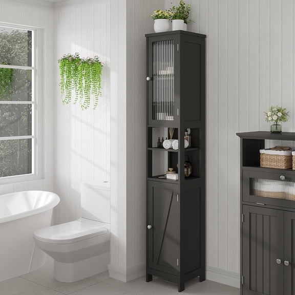 Tall Bathroom Storage Cabinet with Light, 5-Tier Narrow Bathroom Cabinet with 2 Doors, Slim Storage Linen Cabinet Freestanding with Adjustable Shelves for Space Saving, Black