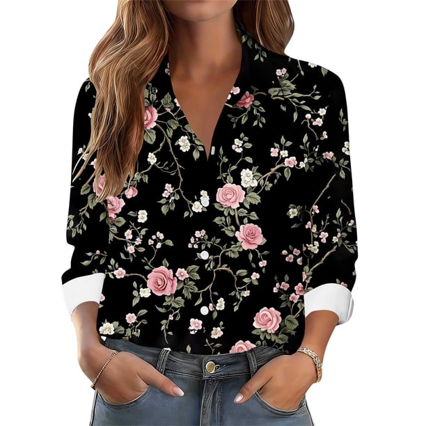 TaTaai Women Printed Casual Button Down Shirt Long Sleeve Collared Blouse Ladies Spring Autumn Daily Street Wear Soft Breathable Machine Washable No Fading Stylish Top Gift