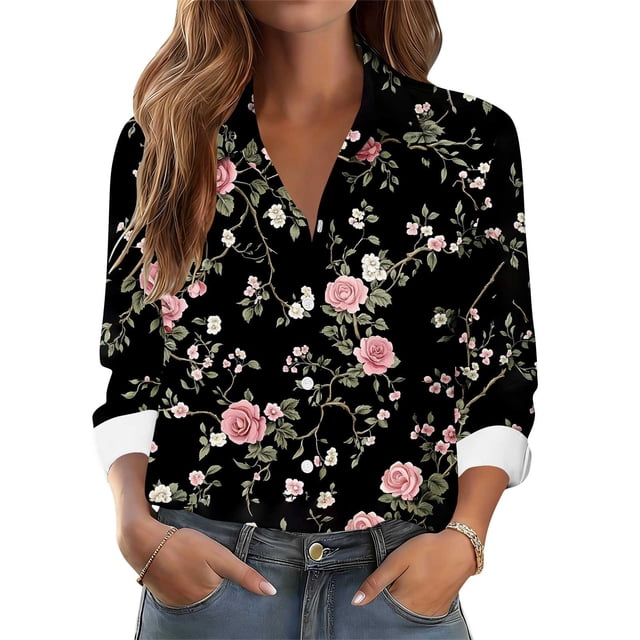 TaTaai Women Printed Casual Button Down Shirt Long Sleeve Collared Blouse Ladies Spring Autumn Daily Street Wear Soft Breathable Machine Washable No Fading Stylish Top Gift