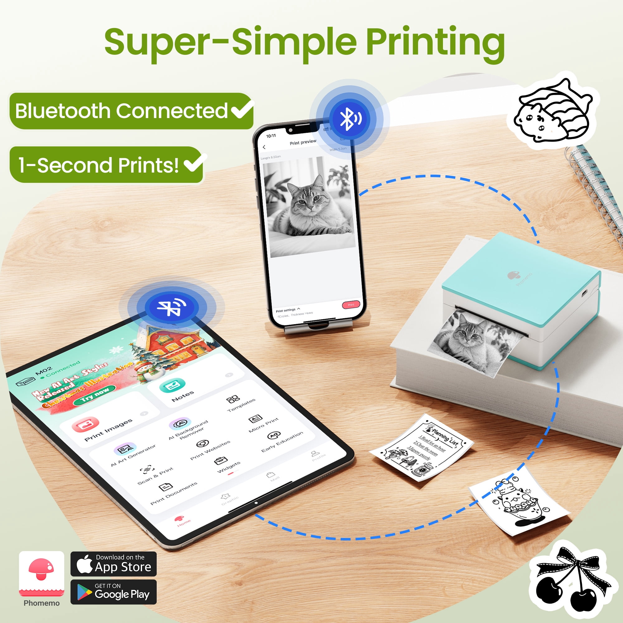 Phomemo Mini Sticker Printer - M02 Label Maker, Portable Bluetooth Thermal Inkless Printer for Notes, Gifts, Journals, Planners, Scrapbooking, and Creative Projects (Green)