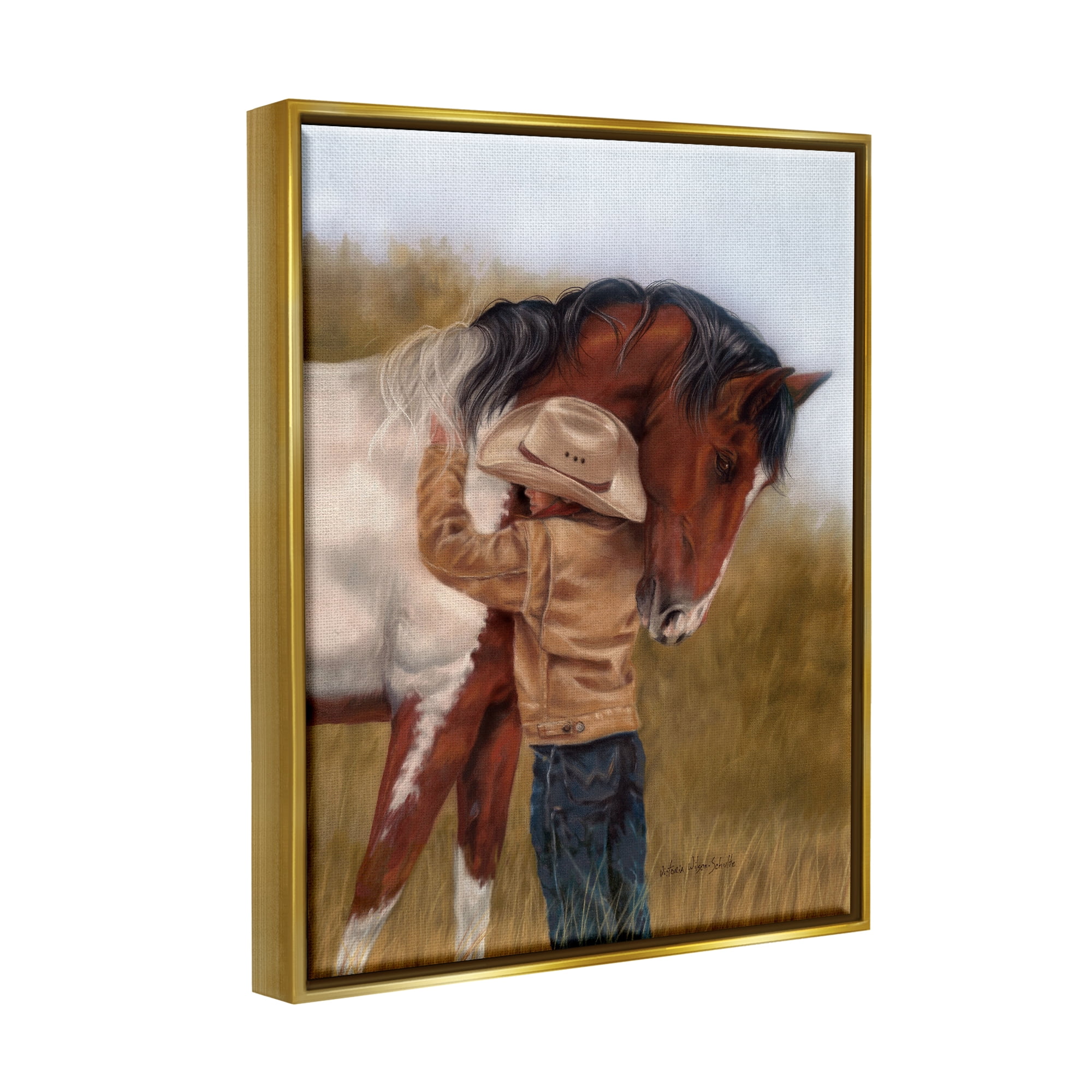 Stupell Industries Boy Hugging Horse Painting Animals & Insects Painting Gold Floater Framed Canvas Art Print Wall Art, 25 x 31