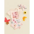 thumbnail image 3 of Bagilaanoe 3Pcs Newborn Baby Girl Shorts Set Short Sleeve Letter Print Romper Tops + Ruffled Shorts + Headband 3M 6M 12M 18M Infant Casual Summer Clothes, 3 of 7