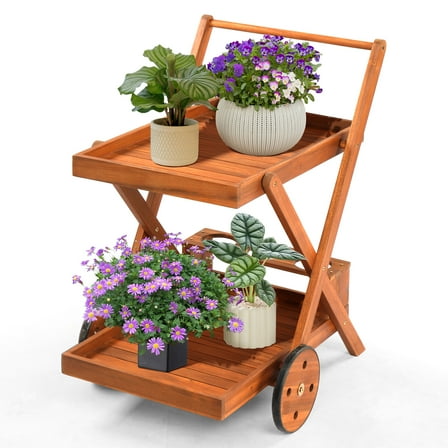 Ktaxon 2-Tier Wood Bar Cart w/ Wine Holders & Wheels, Rolling Serving Cart for Indoor Outdoor Kitchen, Patio, Garden, Carbonized Wood