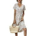 thumbnail image 6 of Women Summer Floral Print V-Neck Dress Short Sleeve High Waist Midi Slim-Fit A-Line Dresses Beach Streetwear, 6 of 13