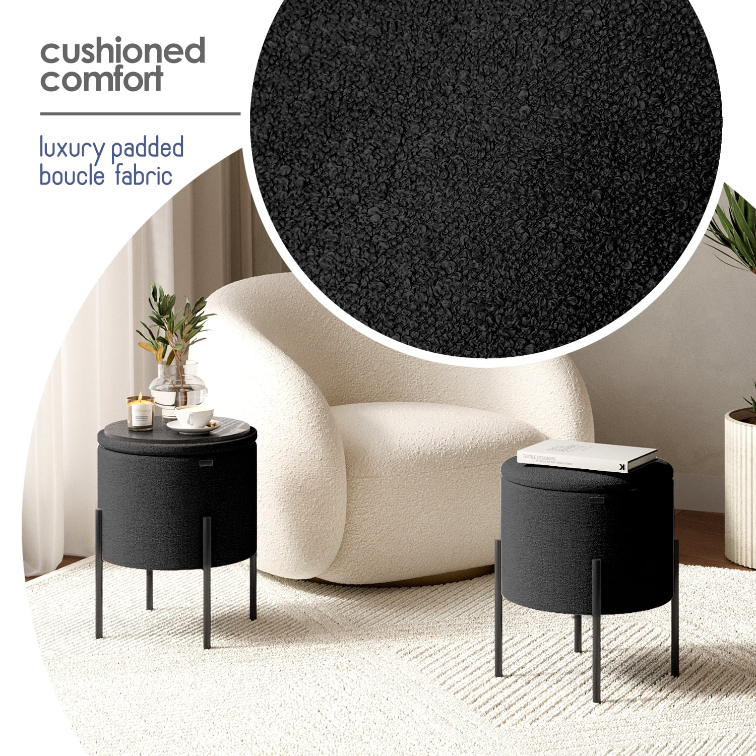 LammaLoe Small Round Ottoman with Storage, Boucle Ottoman Foot Stool with Lid, Upholstered Vanity Stool for Living Room & Bedroom, Black