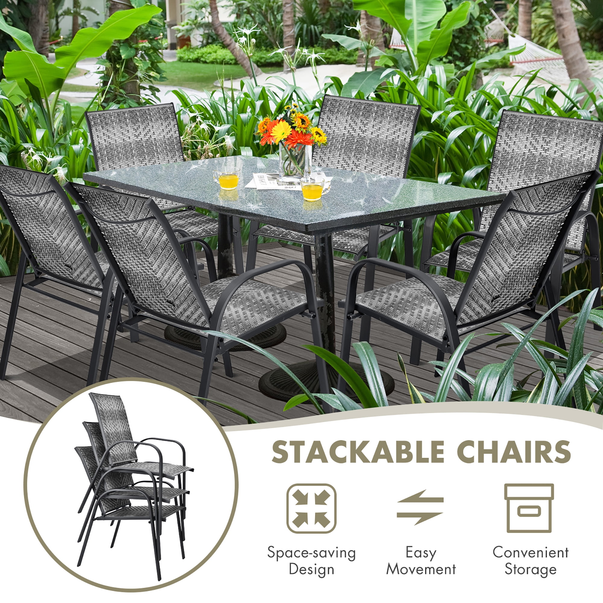Costway Set of 6 Patio Rattan Dining Chairs Stackable Armrest Garden Mix Gray