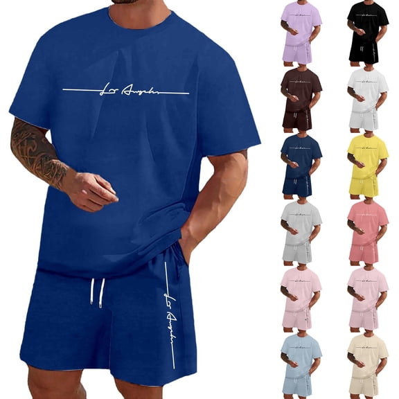 LOS ANGELES Men's Casual 2-Piece Set, Solid Color Short Sleeve Crewneck Tee and Shorts, Relaxed Summer Outfit For Everyday Lounge Wear,Black,L