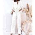 thumbnail image 4 of Women'S Solid Color Collared Blouse and High Waist Pants Two Piece Set Fashion White S, 4 of 9
