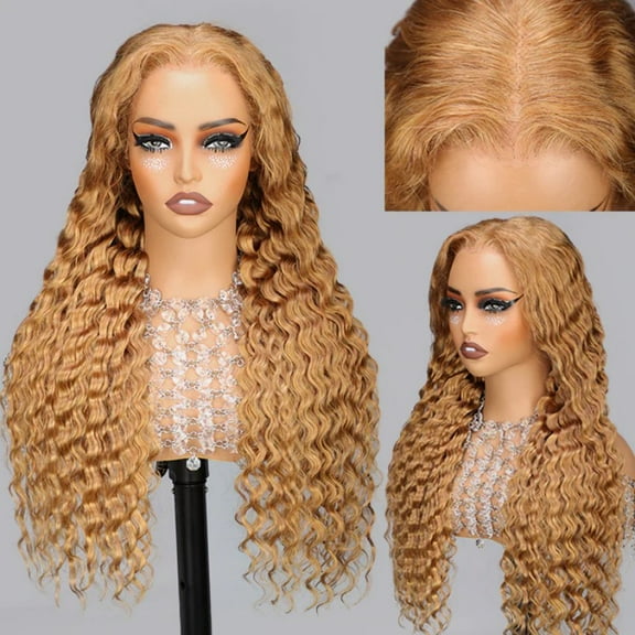5X5 Honey Blonde Wig Human Hair 27#Color Deep Wave Lace Front Wig Human Hair Pre-Plucked Curly Blonde HD Lace Front Wig 180% Density For Women
