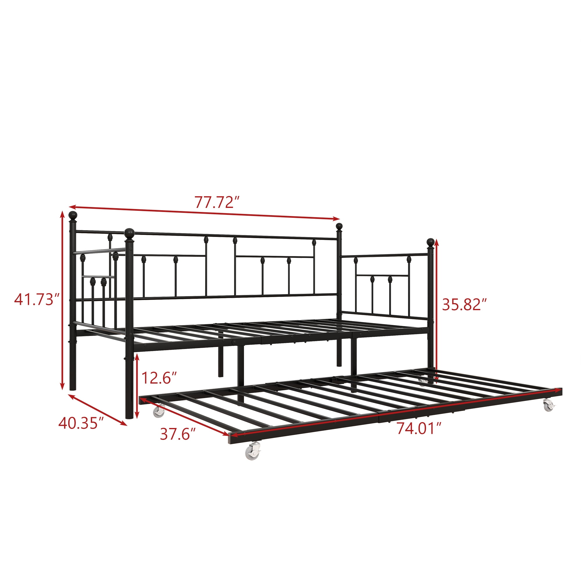 MAYEERTY Twin Size Black Victorian Style Metal Daybed with Trundle: Versatile Sofa Bed for Guest Room, Bedroom & Living Room​