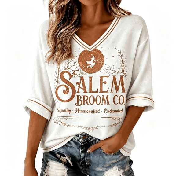 Women Salem Broom Company Halloween Witch Printed Vintage Classic Tshirt 3/4 Sleeve V Neck Halloween Casual Tops XL