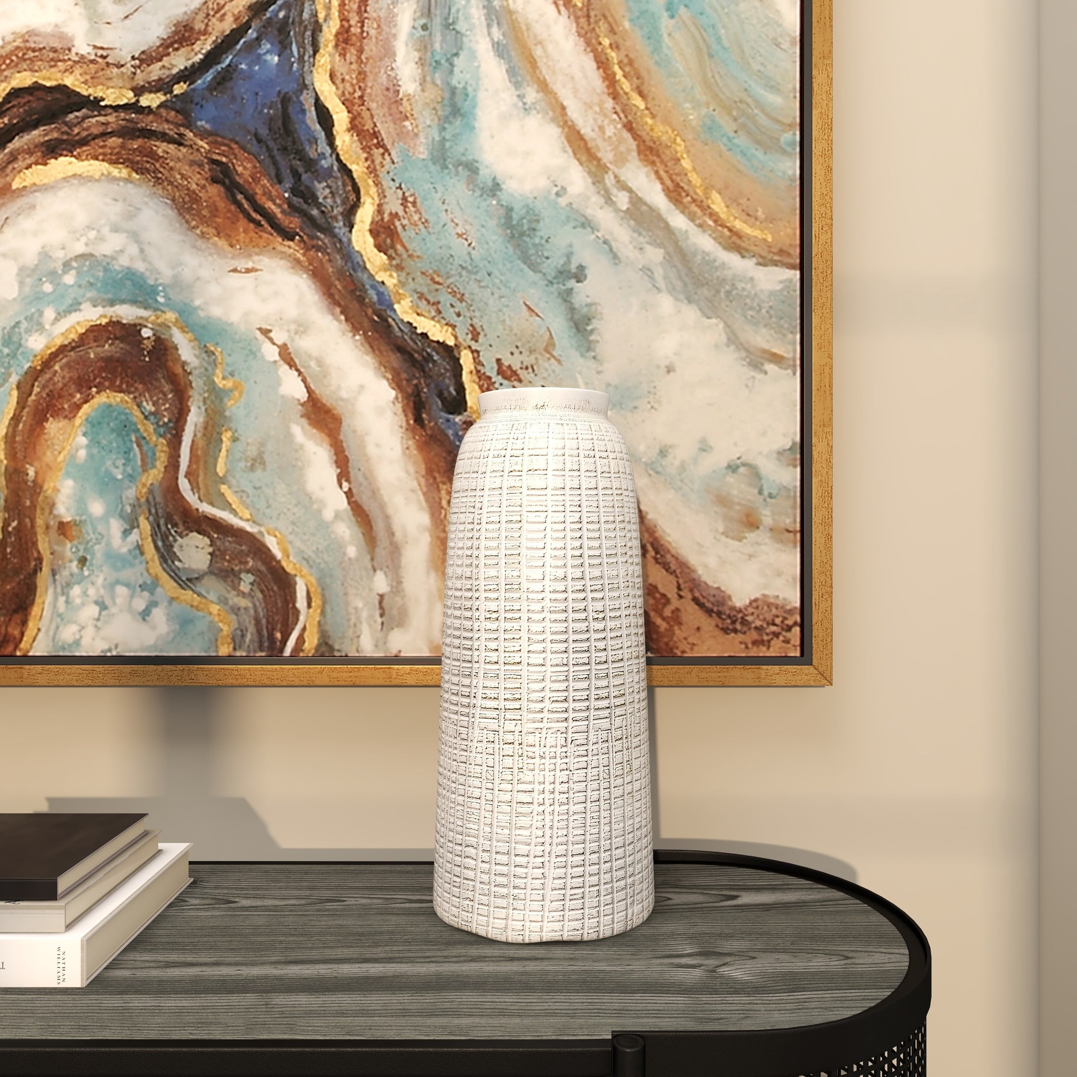 DecMode 17" Textured Crosshatch White Ceramic Vase with Crosshatch Design
