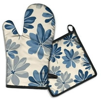 Blue Pioneer Flower Kitchen Oven Mitt and Pot Holder Sets 2 Pcs for Baking, Cooking and Grilling, Heat Resistant Up To 392 °F