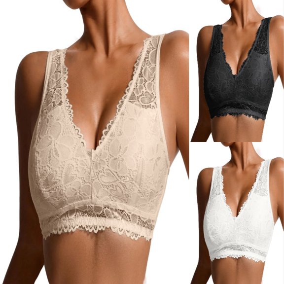Xijirk Women Wirefree Bra Floral Lace V Neck Wide Shoulder Straps Full Lace Bralette for Daily Casual Indoor Wear,Khaki,S