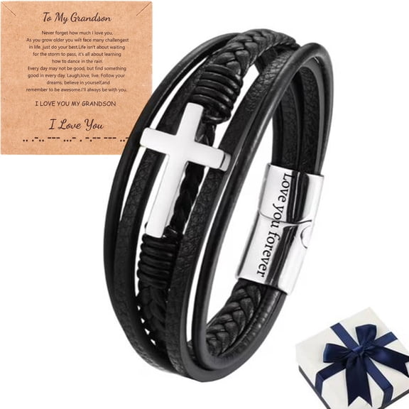 To My Grandson Bracelet from Grandma,To My Grandson Cross Leather Bracelet,Grandson's Faith Love You Forever Mens Leather Cross Braided Leather Bracelets Birthday Gift (Silver)