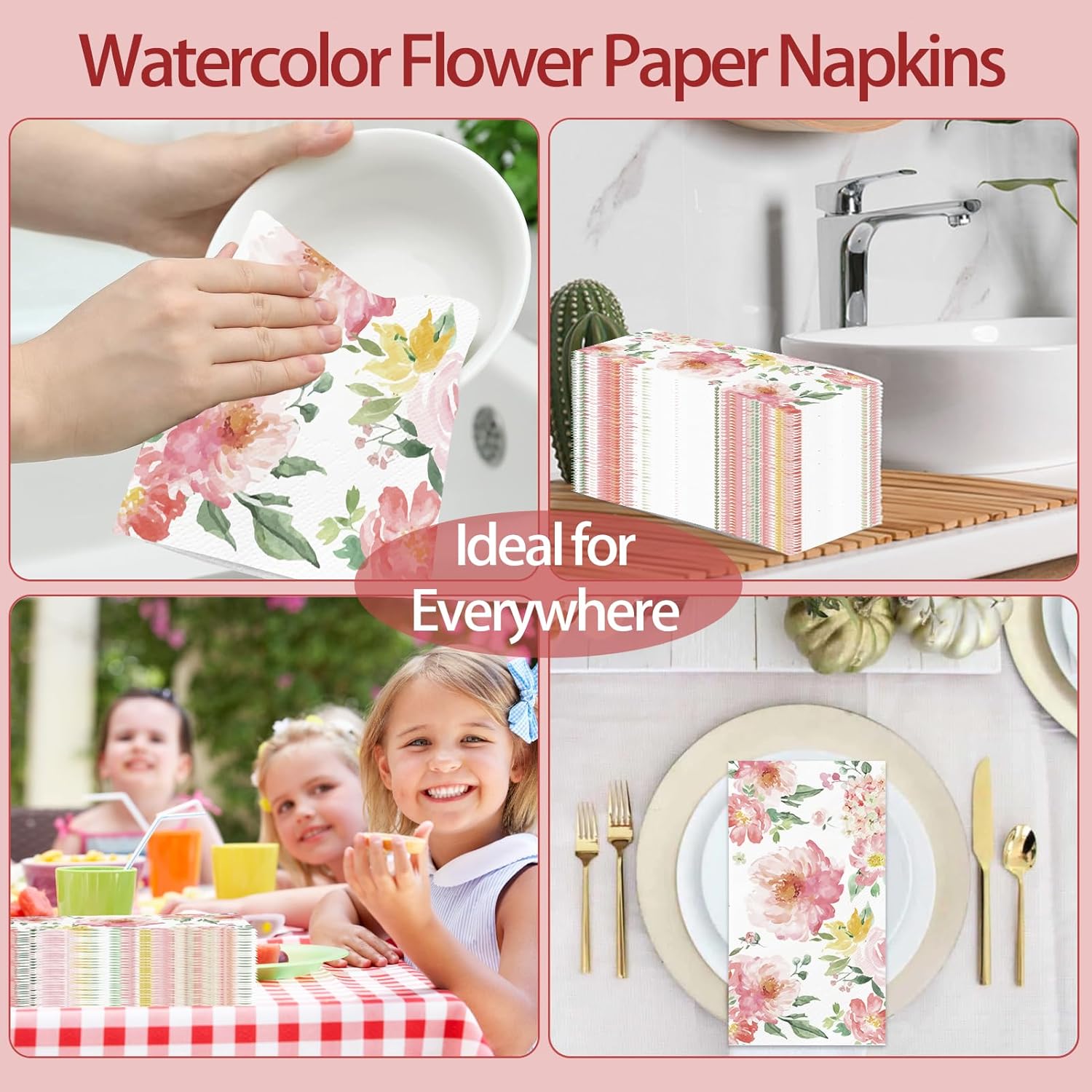 100PCS Floral Napkins Watercolor Flower Disposable 3 Ply Decorative Paper Hand Towels for Bathroom Pink Guest Napkins for Wedding Bridal Baby Shower Tea Party Birthday