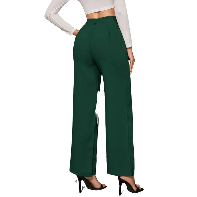 Elegant Straight Leg Plain Dark Green Long Women Pants