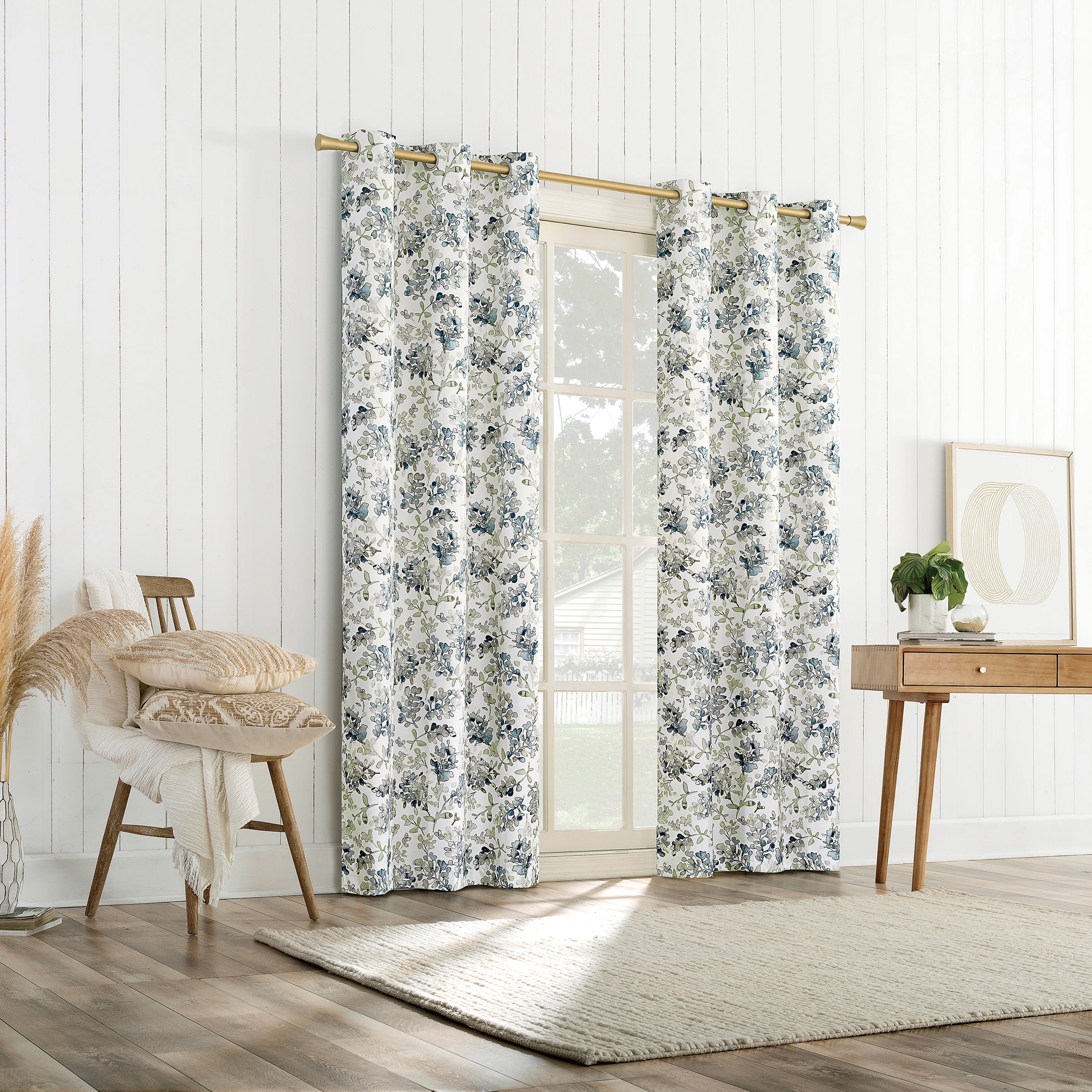 Sun Zero Arlo 2-Piece Textured Thermal Insulated Room Darkening Grommet Curtain Panel Pair, Blue Floral, 40"W x 63"L