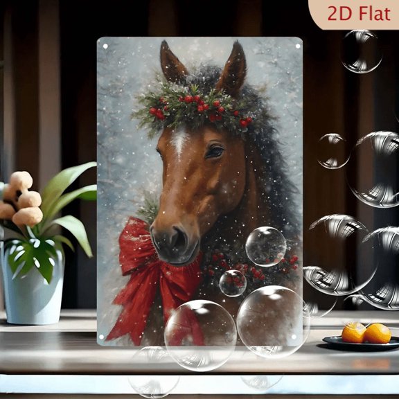 1pc Metal Wall Sign, 8x12 Inches, Winter Horse with Christmas Wreath Decorative Sign, Perfect for Holiday Home Decor, Ideal for Living Room, Bedroom, Office, Barn, Cafe, Farmhouse