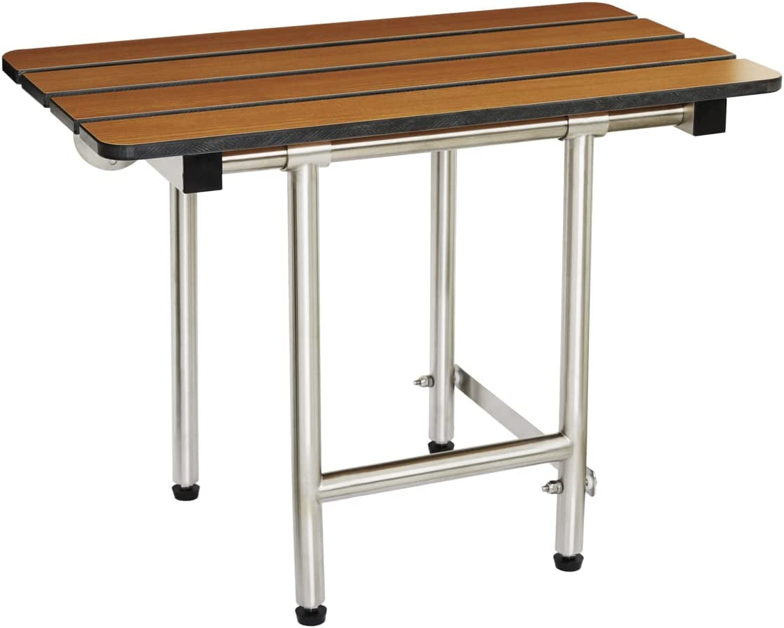 Teak and Stainless Steel Folding Shower Seat with Legs