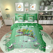 Chameleon 7 Piece Comforter Set Full Bed in a Bag,Green Sequin Fluid Art Comforter and Sheet Set,Crystal Diamond Bedding Set,Woodland Animals Bed Set Tropical Jungle Wildlife Room Decor