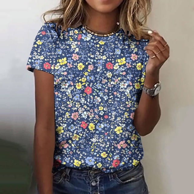 Liquidation Fatuov T-Shirts Grande Taille pour Femmes Manches Courtes Col Rond T-Shirts Graphiques Imprimé Floral Été Coupe Ample Blouses Multicolores