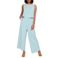 thumbnail image 1 of Conjunto de dos piezas de lino de color liso para mujer: top corto sin mangas con botones y pantalones de pierna ancha, tejido transpirable para el verano, 1 of 8