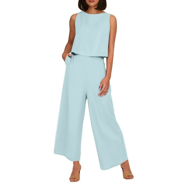 Conjunto de dos piezas de lino de color liso para mujer: top corto sin mangas con botones y pantalones de pierna ancha, tejido transpirable para el verano