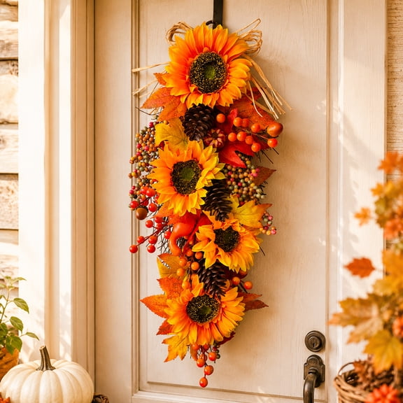 26 Inch Orange Yellow Fall Artificial Sunflower Teardrop Thanksgiving Wreath with Pumpkins, Pinecones and Berries for Front Door Decor