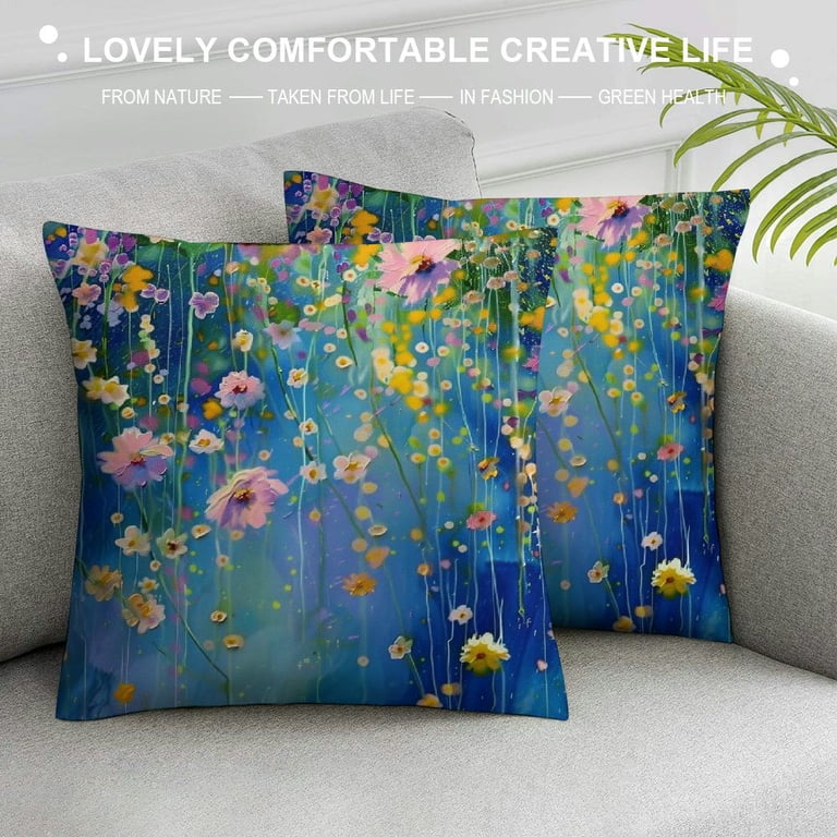Set Of 4 Floral Pillow Covers 18x18 Inch - Bright Abstract Wildflower Cushion Cases For Couch, Bedroom