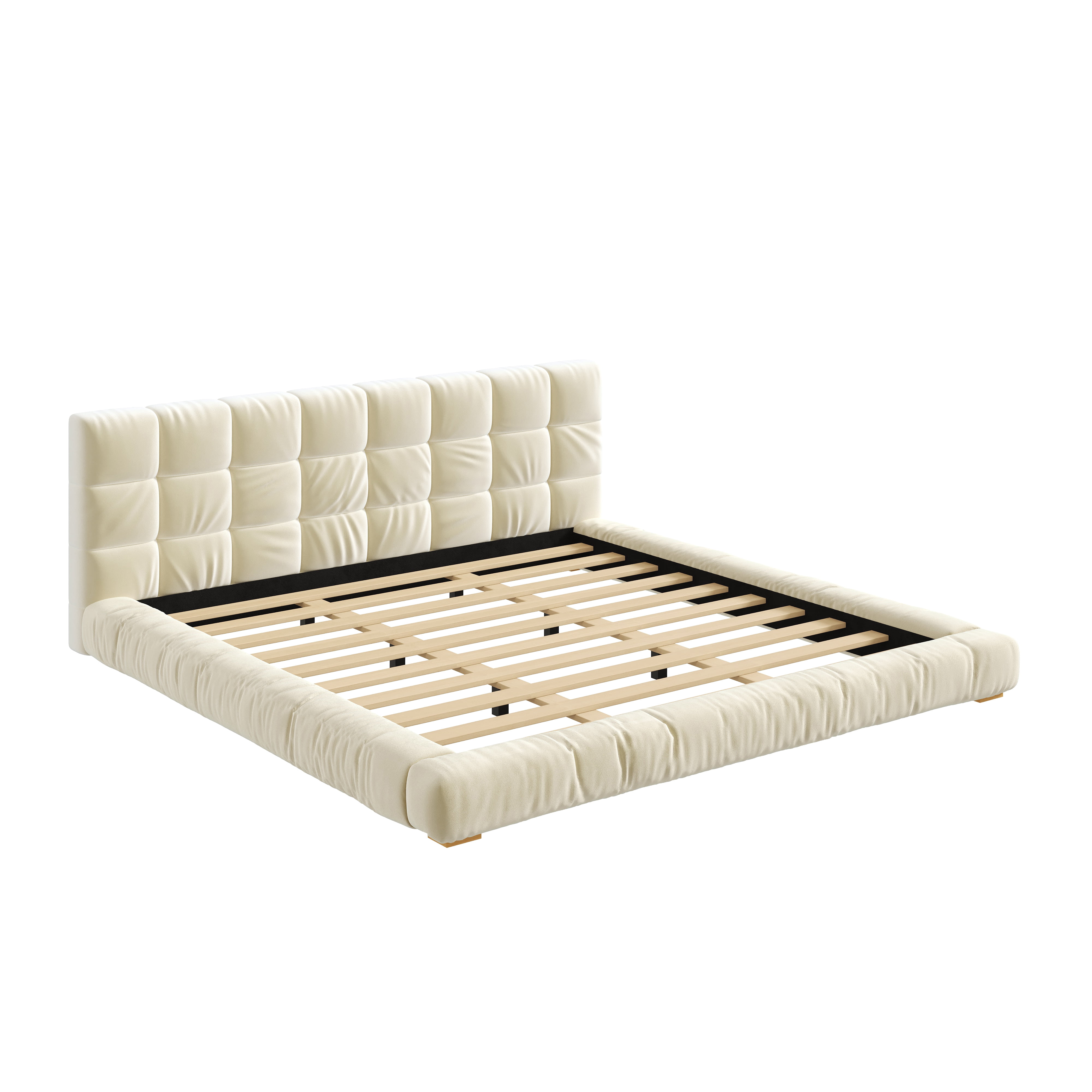 Euroco Velvet Upholstery King Size Platform Bed with Channel Tufted Headboard, Beige