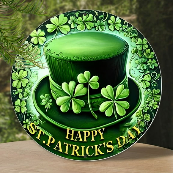 Happy St. Patrick's Day Circular Metal Wall Art - Vintage Four-Leaf Clover and Green Top Hat Design, Decorative Aluminum Sign for Home, Bar, Cafe, Restaurant - Easy to Hang, Metal Wall Art Decor