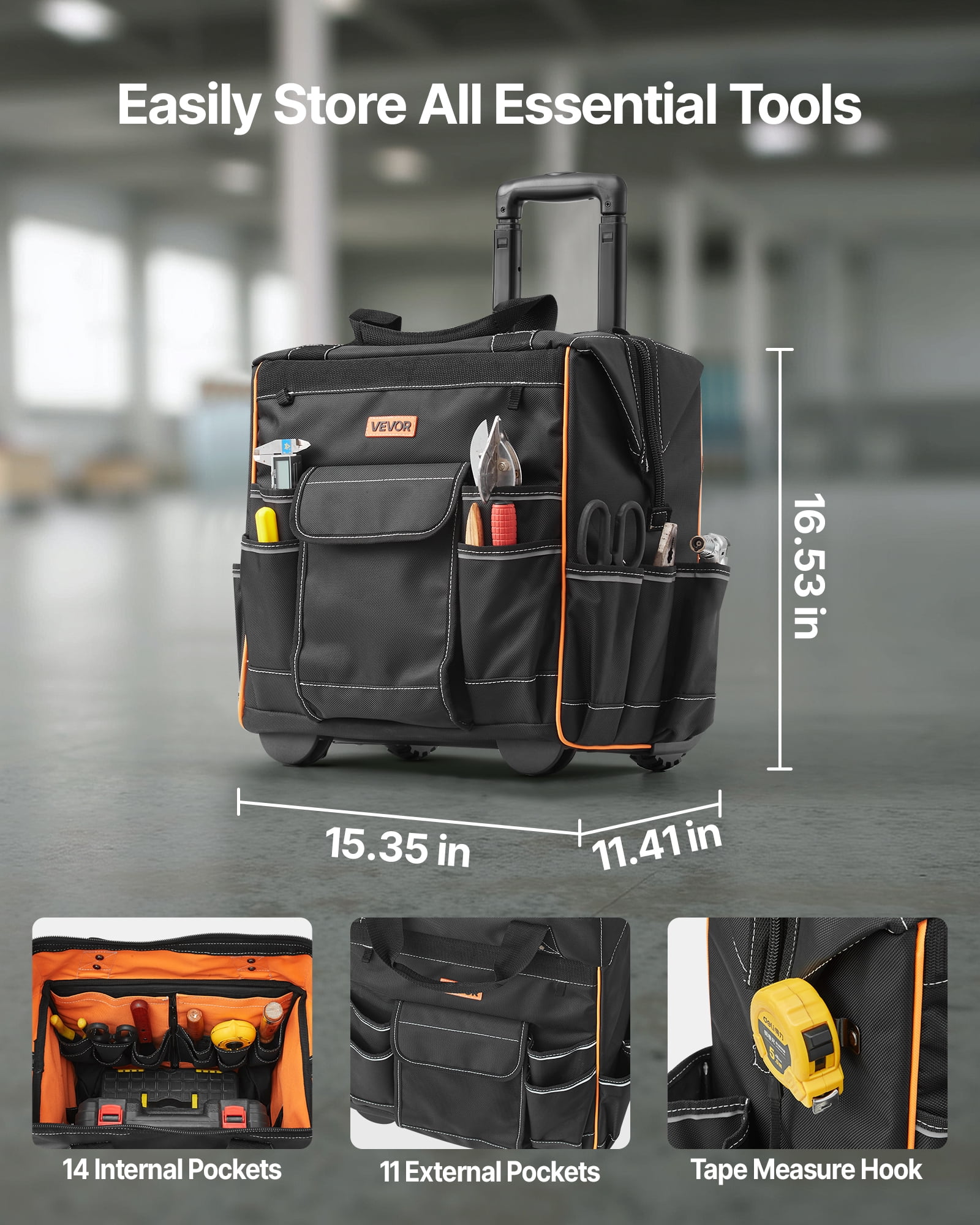 VEVOR Rolling Tool Bag, 110 lbs Load Capacity, 25 Pockets Heavy Duty Roller Tool Bag on Wheels, Adjustable Telescoping Handle & Stable Base, Toolbag Organizers with Wheels for Construction, Mechanic
