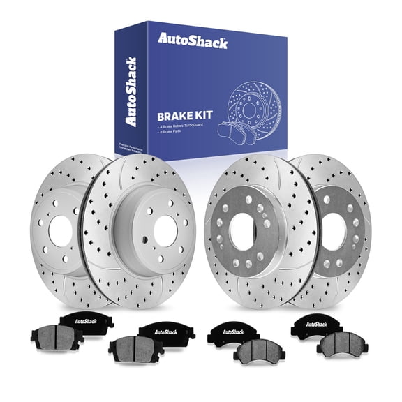 AutoShack Front & Rear Drilled & Slotted Brake Rotors Ceramic Brake Pads | Replacement for Chevrolet Silverado 1500 Tahoe Suburban GMC Sierra 1500 | Silver Matte Finish | 12-PC Brake Kit | TurboGuard
