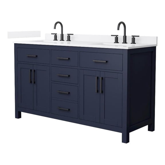 Beckett 60" Dark Blue Double Vanity & White Quartz Top (3-Hole) & Black Trim