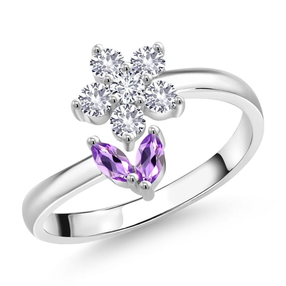Gem Stone King 925 Sterling Silver Purple Amethyst White Created Sapphire and White Lab Grown Diamond Flower Open Ring for Women (0.48 Cttw, Gemstone February Birthstone, Size 5)
