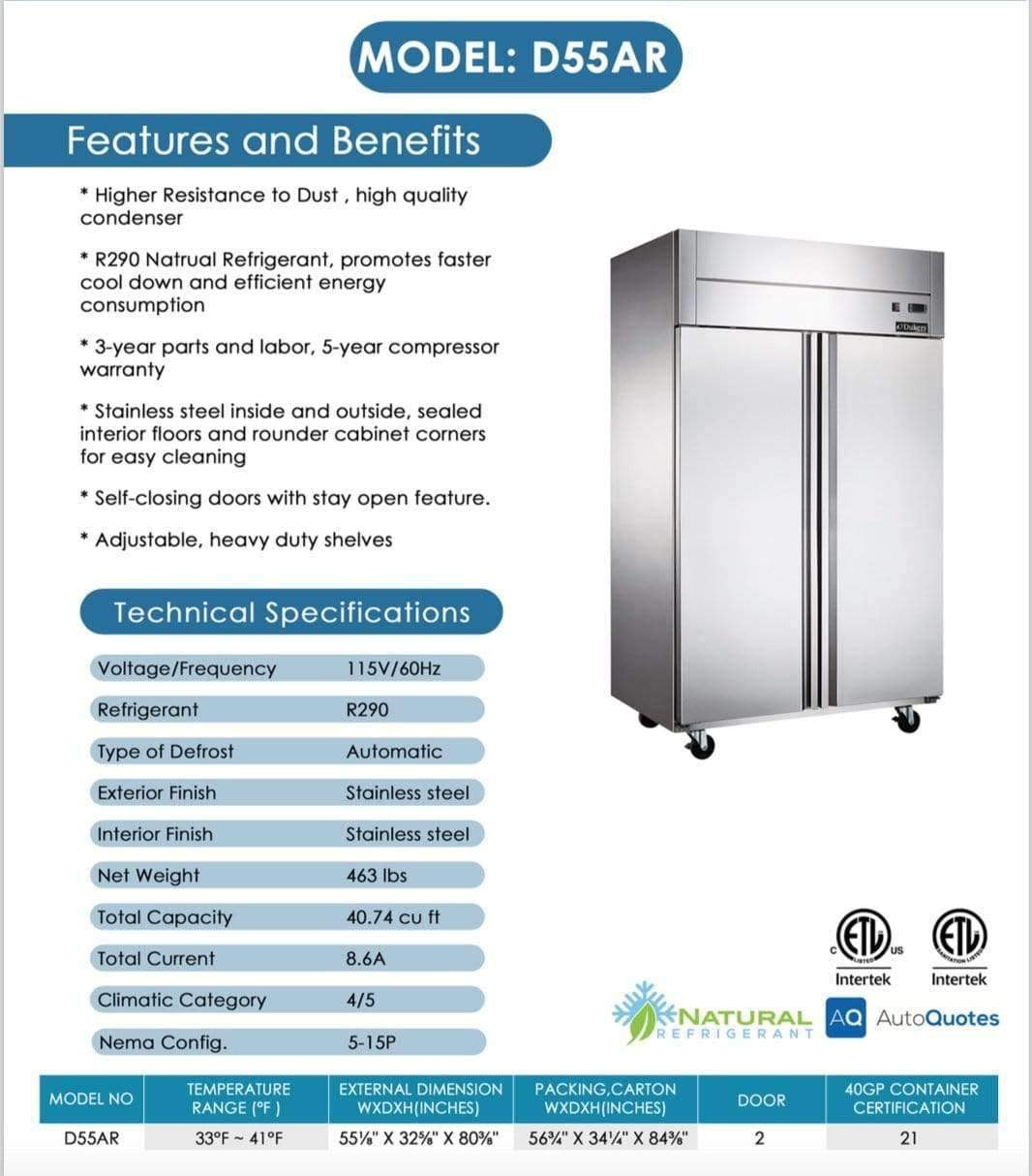 Dukers - D55AR Commercial 2-Door Top Mount Refrigerator in Stainless Steel